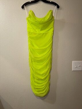 REVOLVE Neon Lime Ruched Cowl Midi Dress